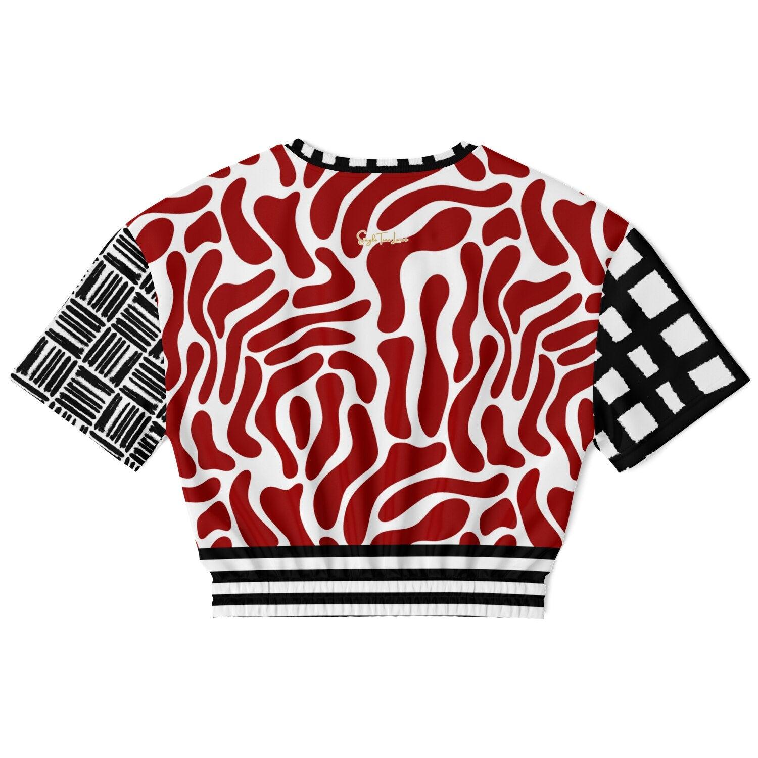 Red White Abstract Zebra in Hopscotch Eco-Poly Short Sleeve Cropped Pullover