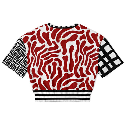 Red White Abstract Zebra in Hopscotch Eco-Poly Short Sleeve Cropped Pullover