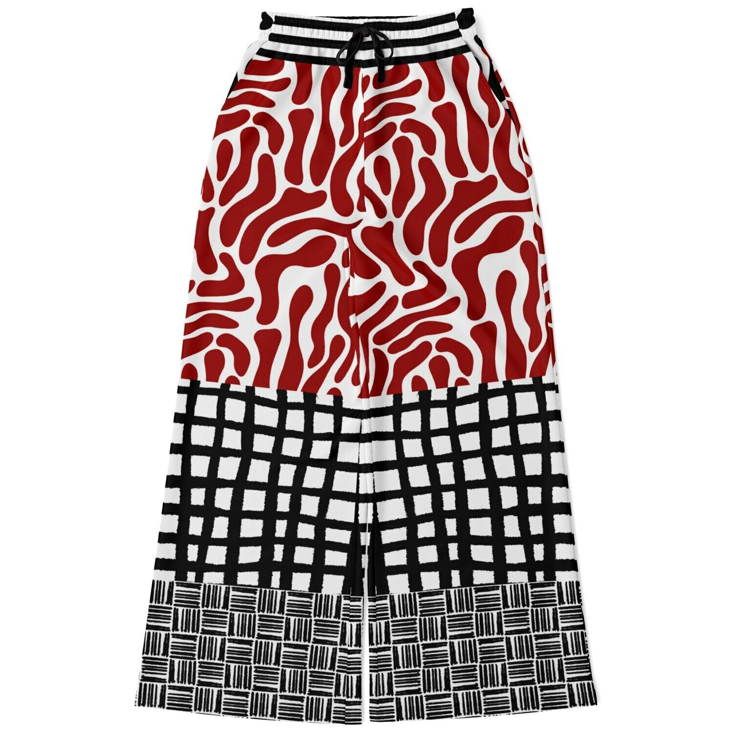 Red White Abstract Zebra in Hopscotch Eco-Poly Wide Leg Pants