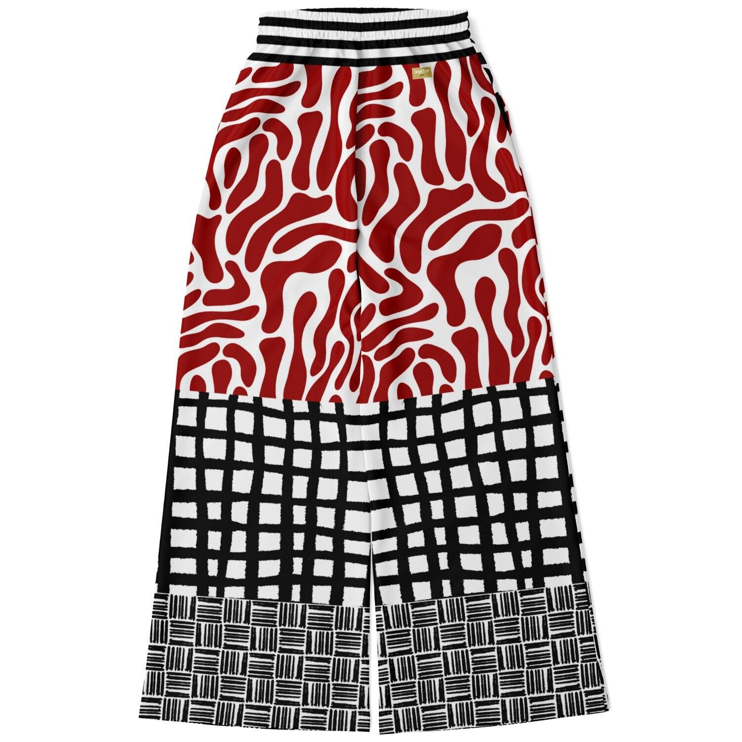 Red White Abstract Zebra in Hopscotch Eco-Poly Wide Leg Pants