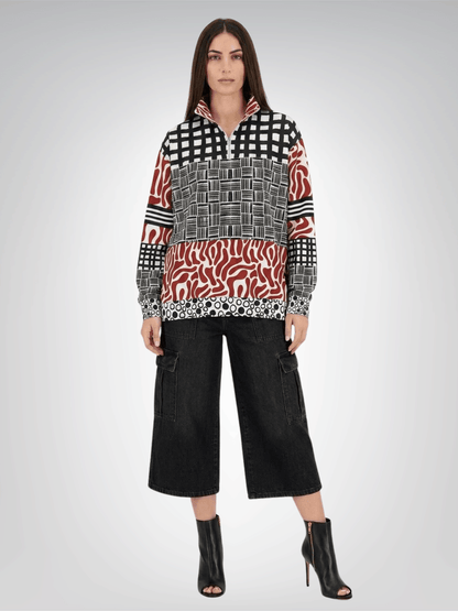 Red White Abstract Zebra in Hopscotch Heavyweight Oversized Quarter Zip Sweatshirt
