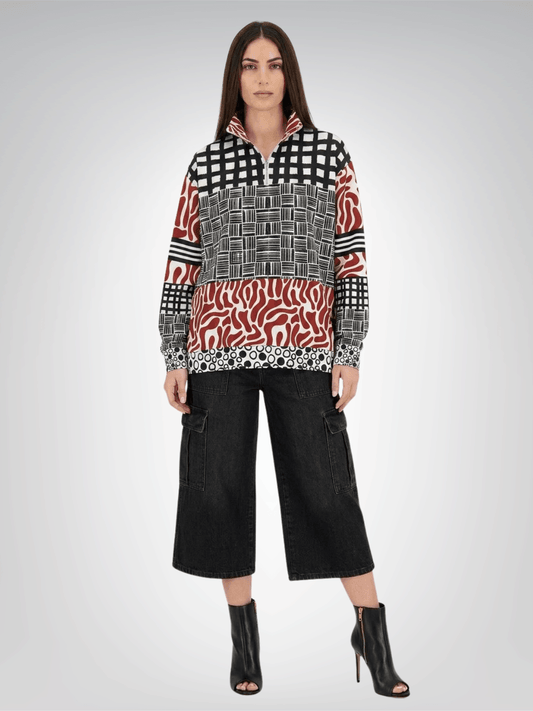 Red White Abstract Zebra in Hopscotch Heavyweight Oversized Quarter Zip Sweatshirt