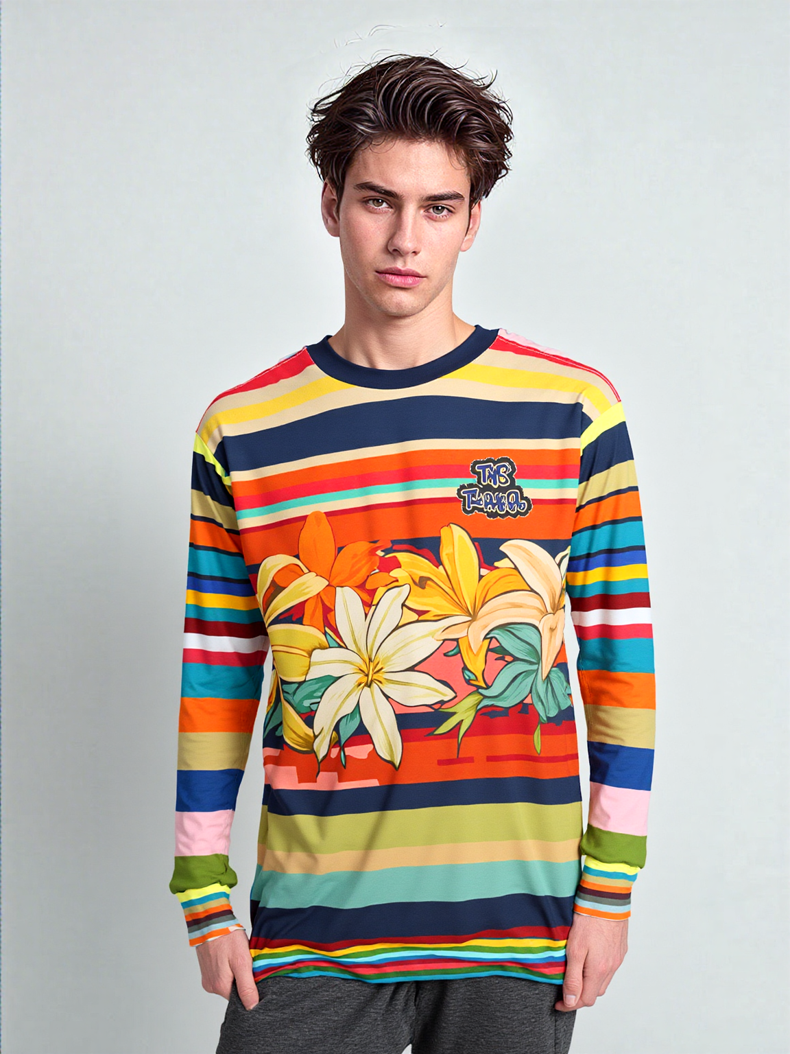 Retro Hawaiian Plumeria Rugby Stripe Unisex Sweatshirt (Gold Label)