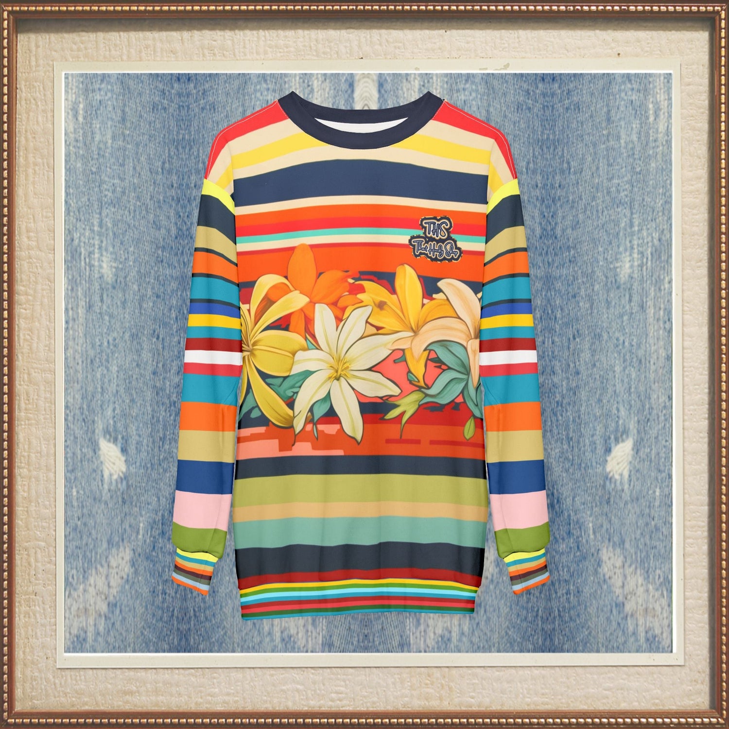 Retro Hawaiian Plumeria Rugby Stripe Unisex Sweatshirt (Gold Label)