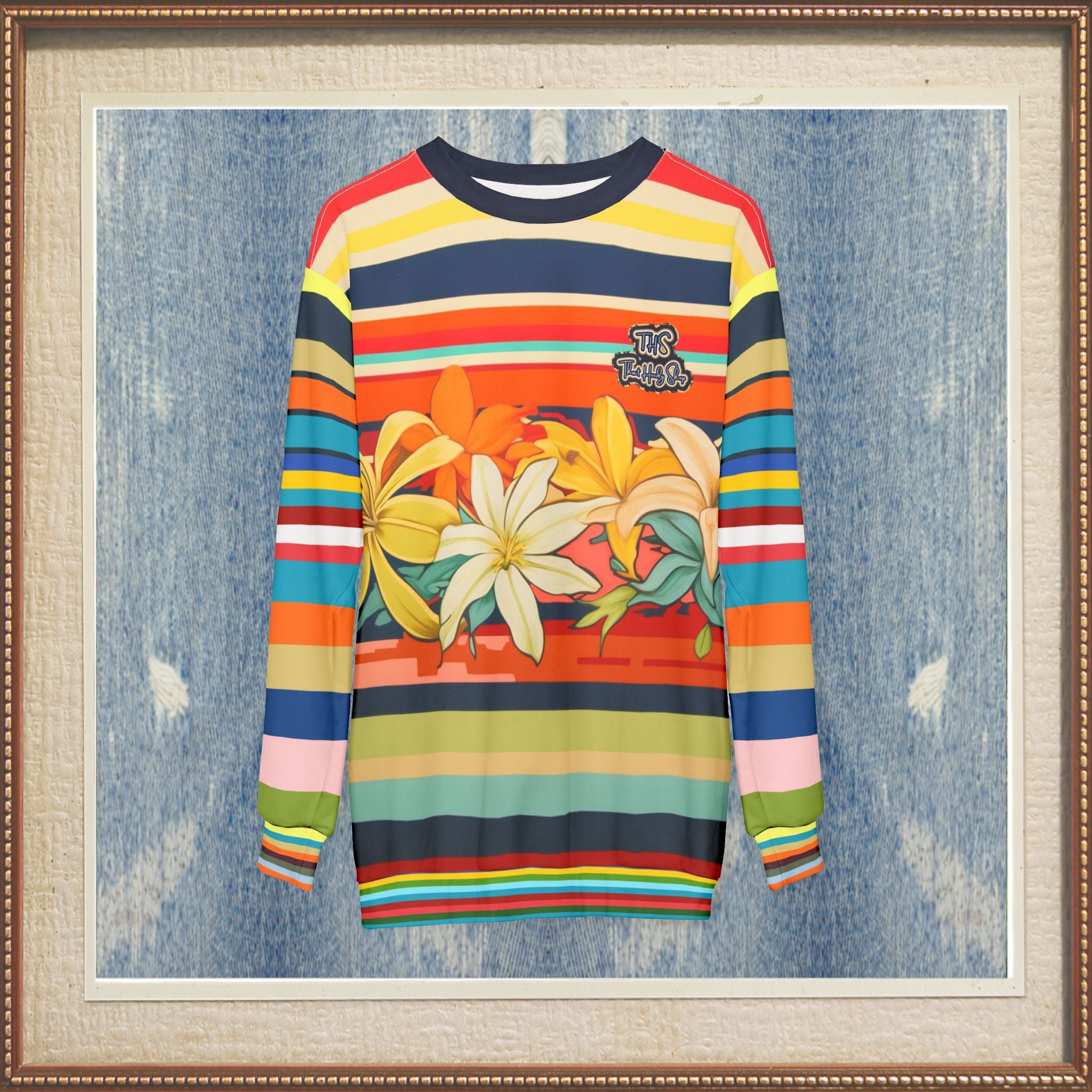 Retro Hawaiian Plumeria Rugby Stripe Unisex Sweatshirt (Gold Label)