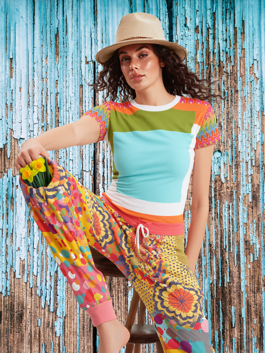 Tangerine Me Up Square Geometric Print Colorful AOP Women's Tee