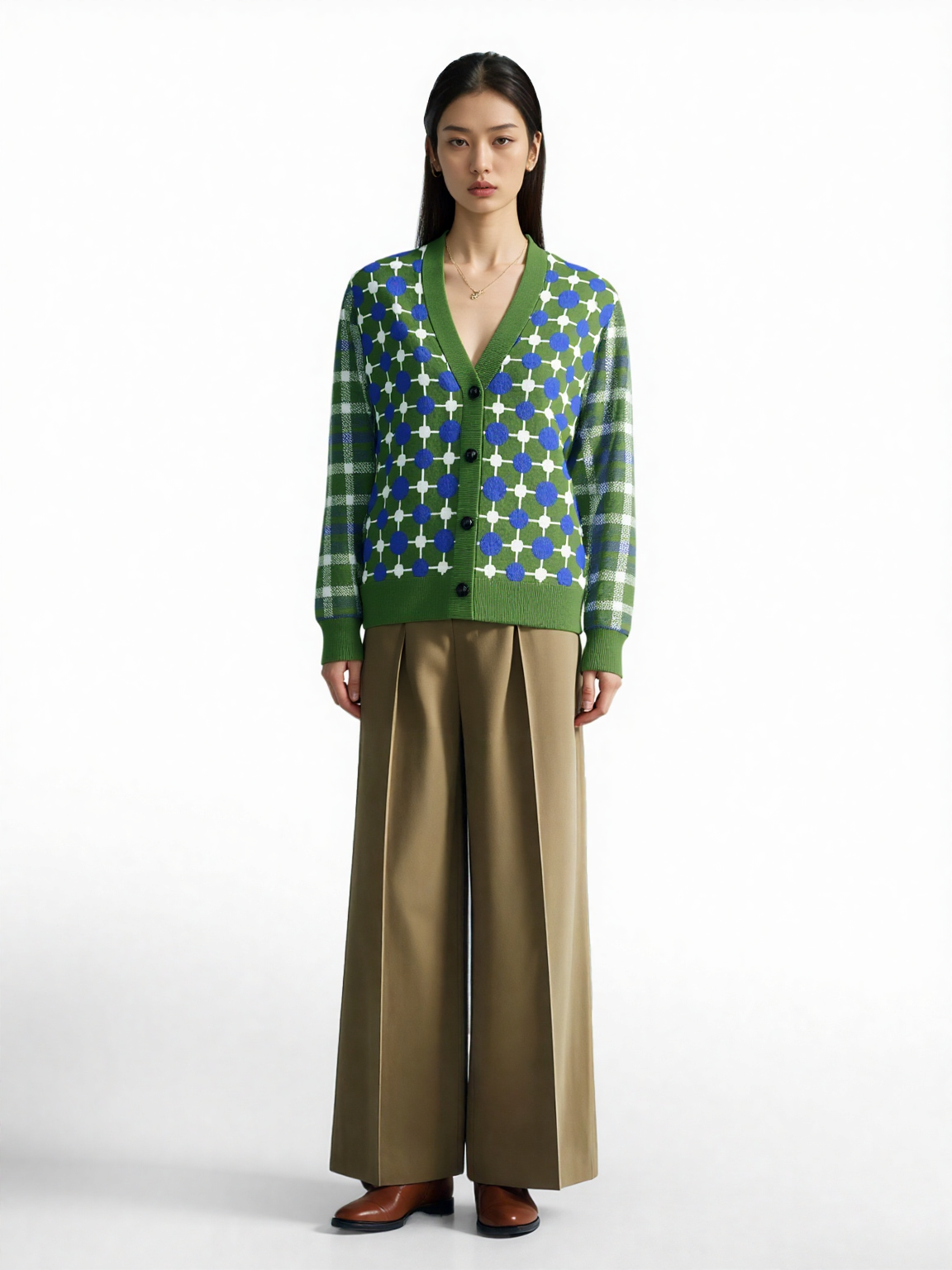 Groovy Disco Grid and Plaid in Green Knitted Cardigan