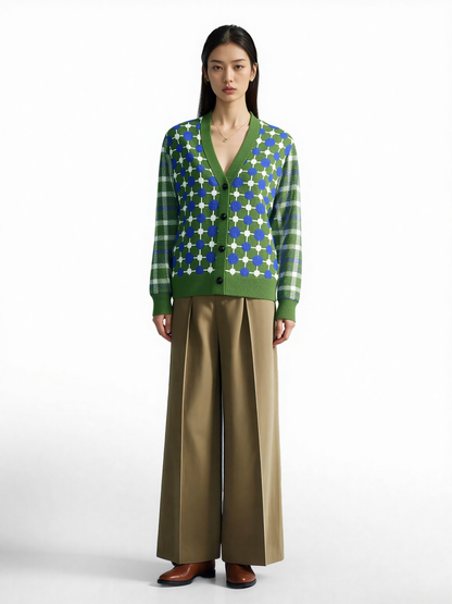Groovy Disco Grid and Plaid in Green Knitted Cardigan