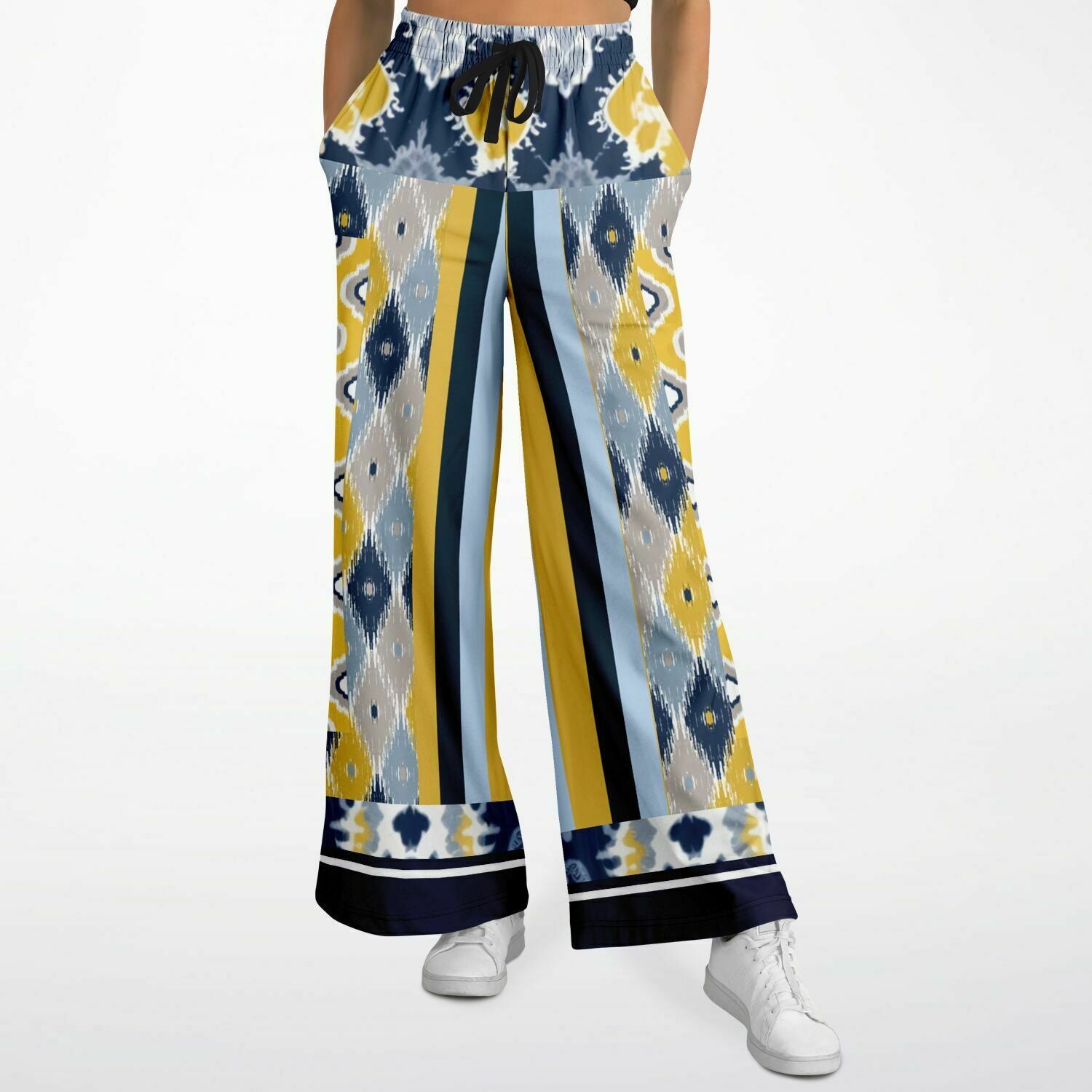 Royal Navy and Yellow Indian Batik Eco-Poly Wide Leg Joggers