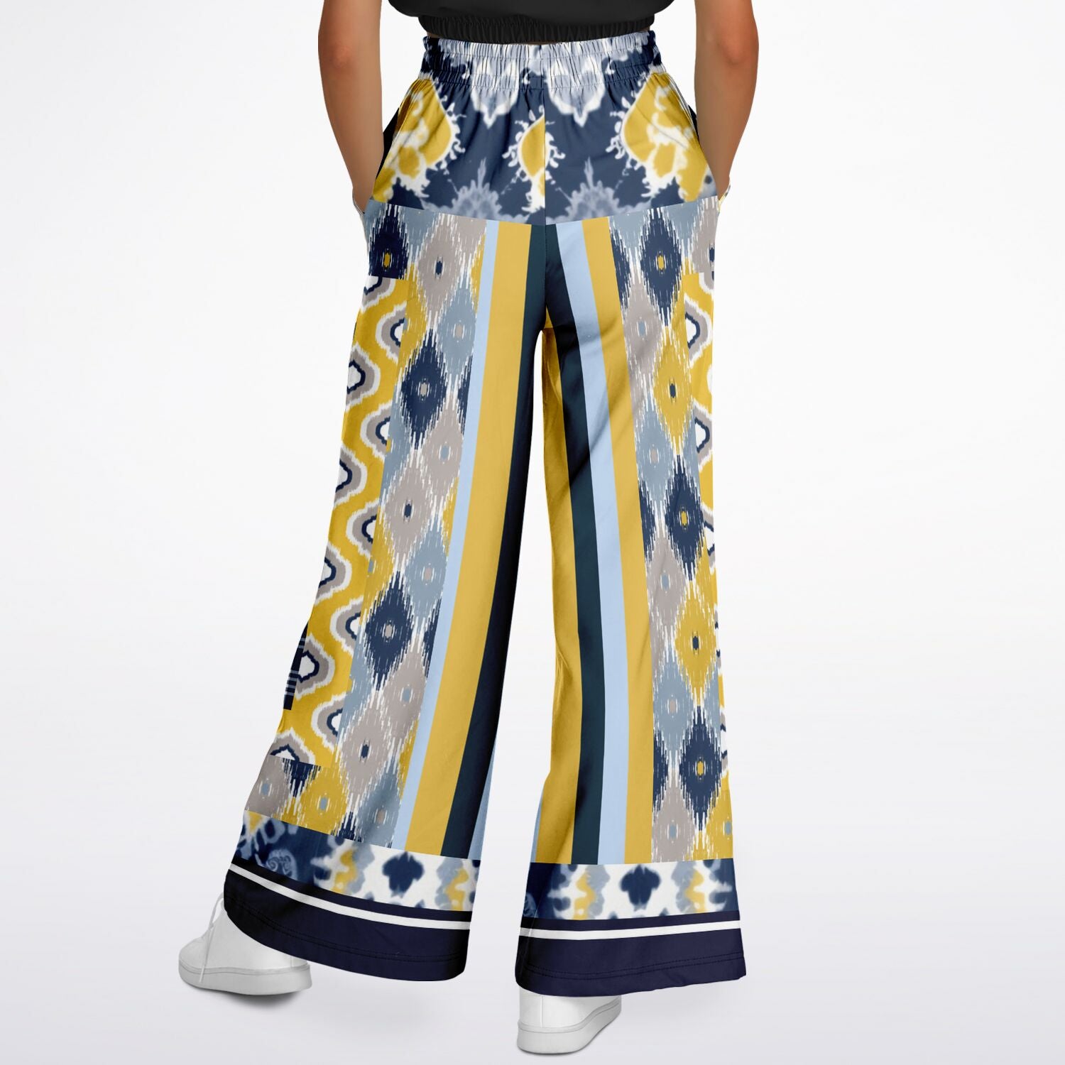 Royal Navy and Yellow Indian Batik Eco-Poly Wide Leg Joggers
