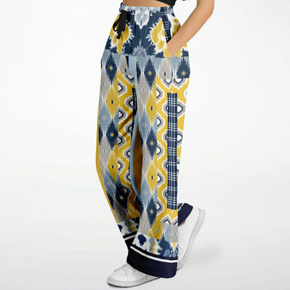 Royal Navy and Yellow Indian Batik Eco-Poly Wide Leg Joggers