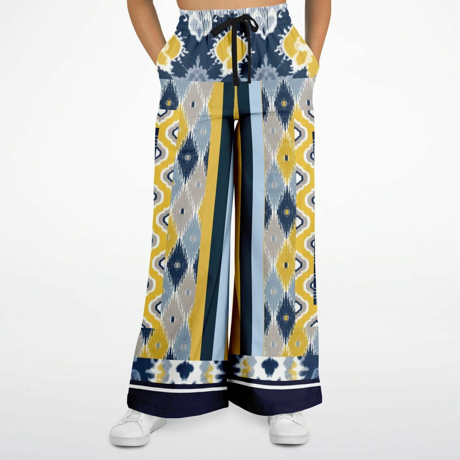 Royal Navy and Yellow Indian Batik Eco-Poly Wide Leg Joggers