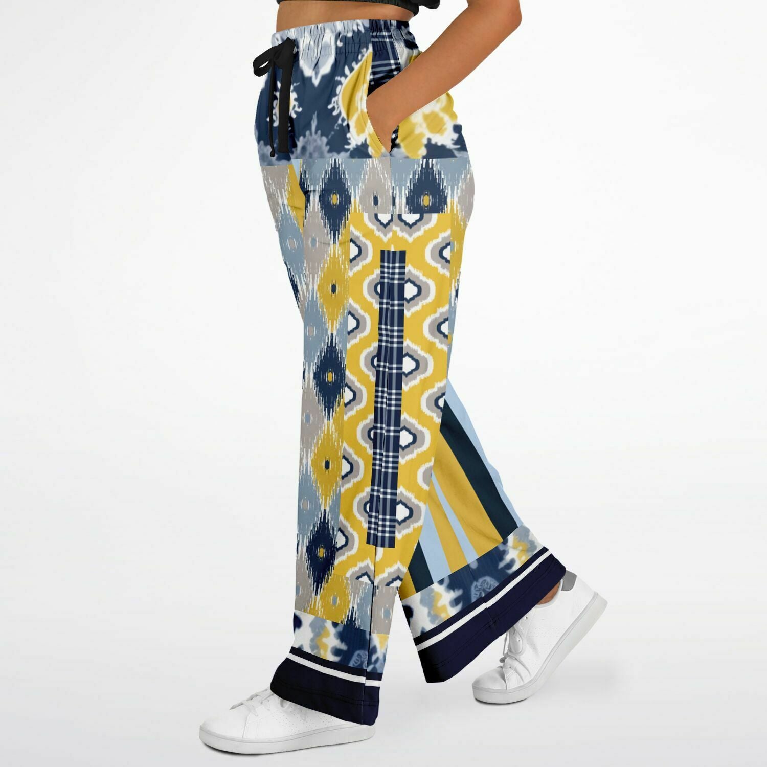 Royal Navy and Yellow Indian Batik Eco-Poly Wide Leg Joggers