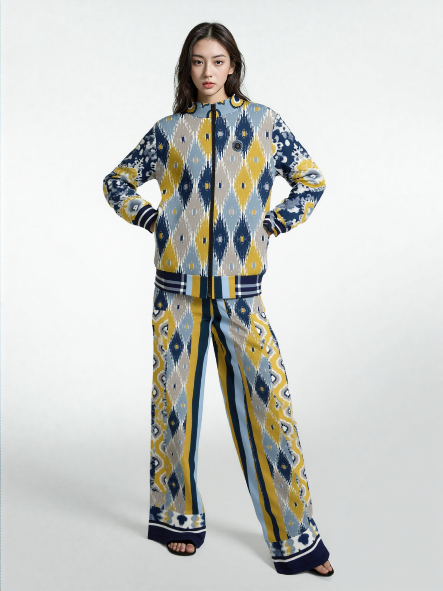 Royal Navy and Yellow Indian Batik Eco-Poly Wide Leg Joggers