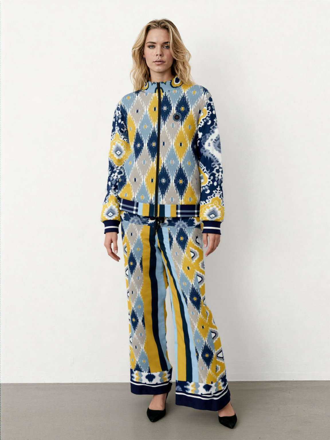 Royal Navy and Yellow Indian Batik Eco-Poly Wide Leg Joggers