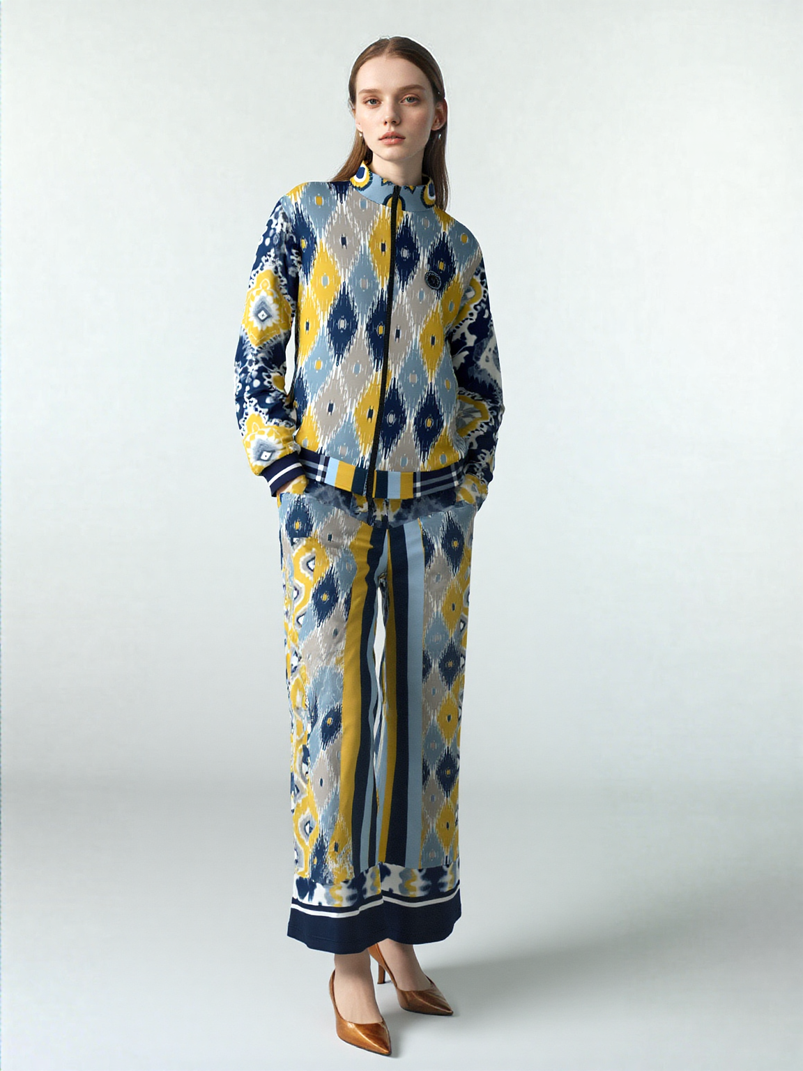 Royal Navy and Yellow Indian Batik Eco-Poly Wide Leg Joggers