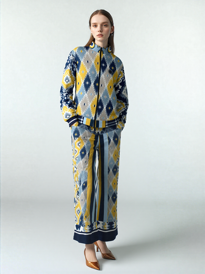 Royal Navy and Yellow Indian Batik Eco-Poly Wide Leg Joggers