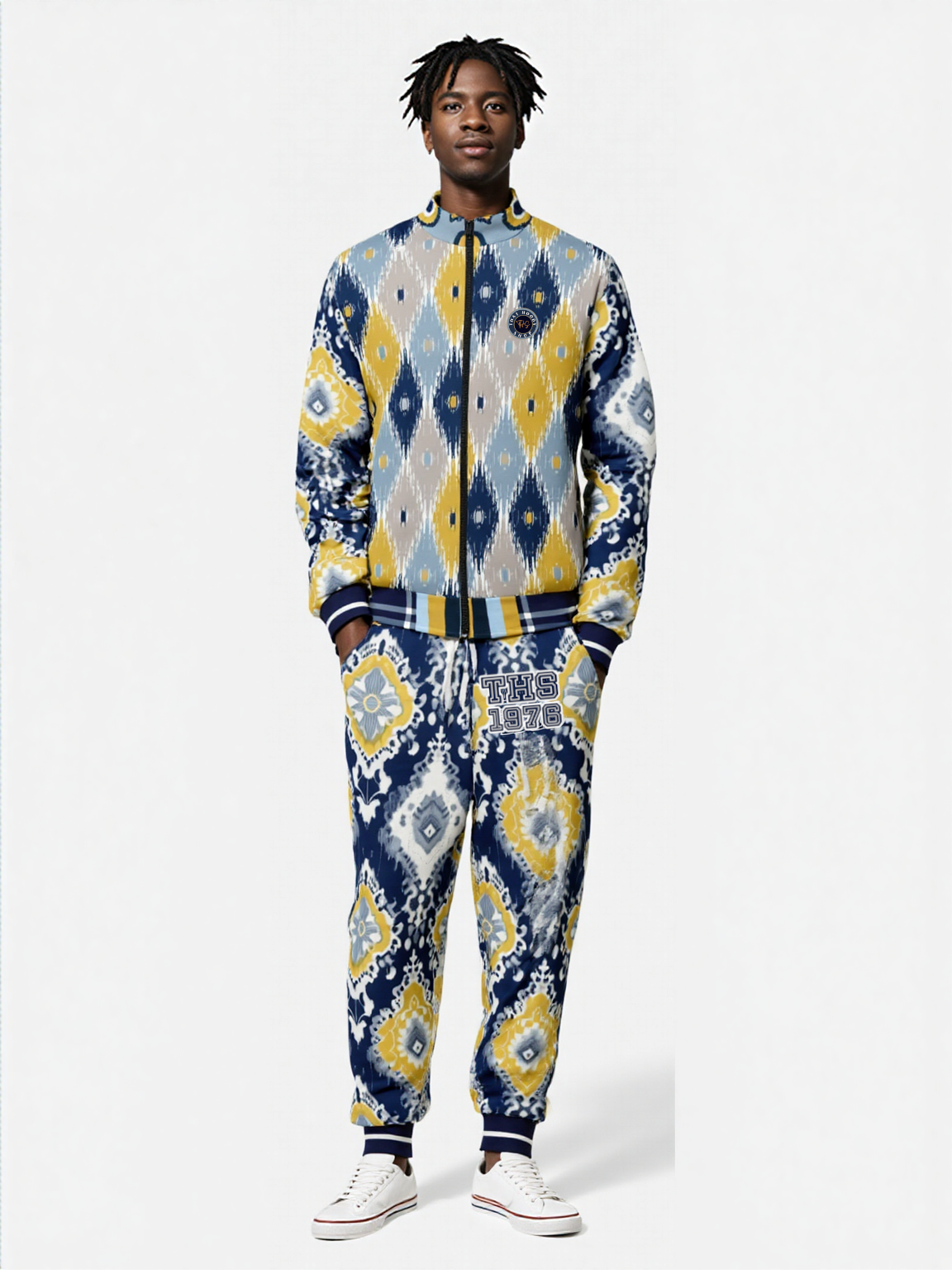 Royal Navy and Yellow Indian Batik Eco-Poly Unisex Joggers