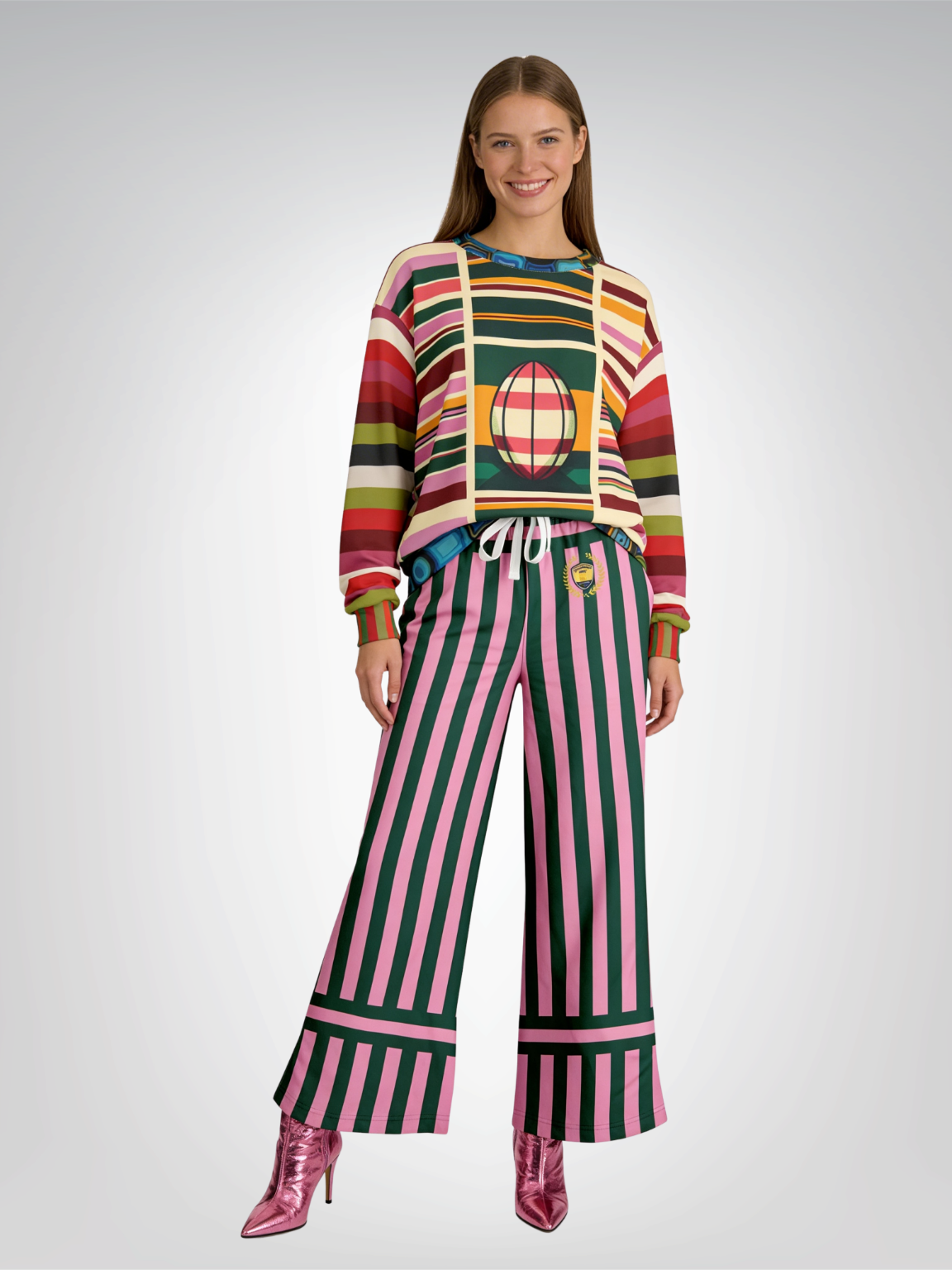 Stripes in Kash Green and Pink Eco-Poly Wide Leg Pants