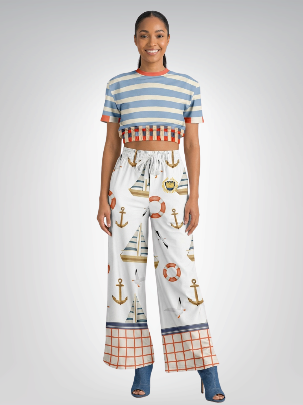 Sail Away Coastal Regatta Stripe Eco-Poly Short Sleeve Cropped Pullover