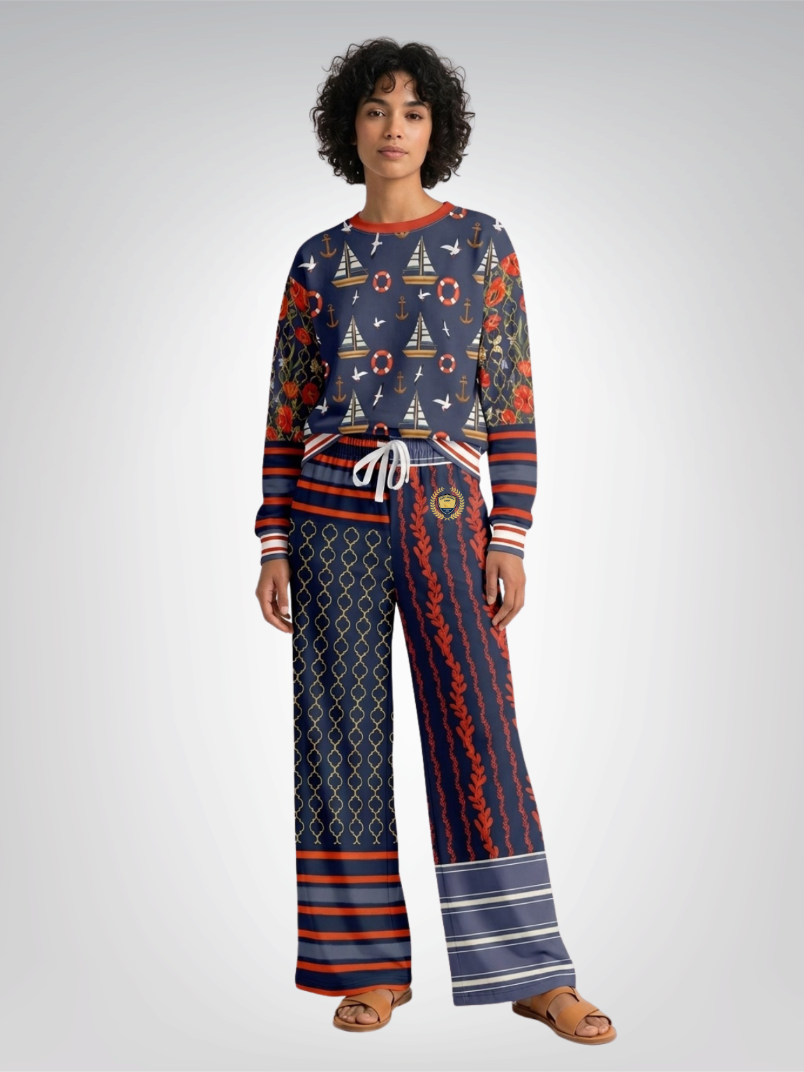 Sail Away Laurel Trellis Duo in Blue Eco-Poly Wide Leg Pants