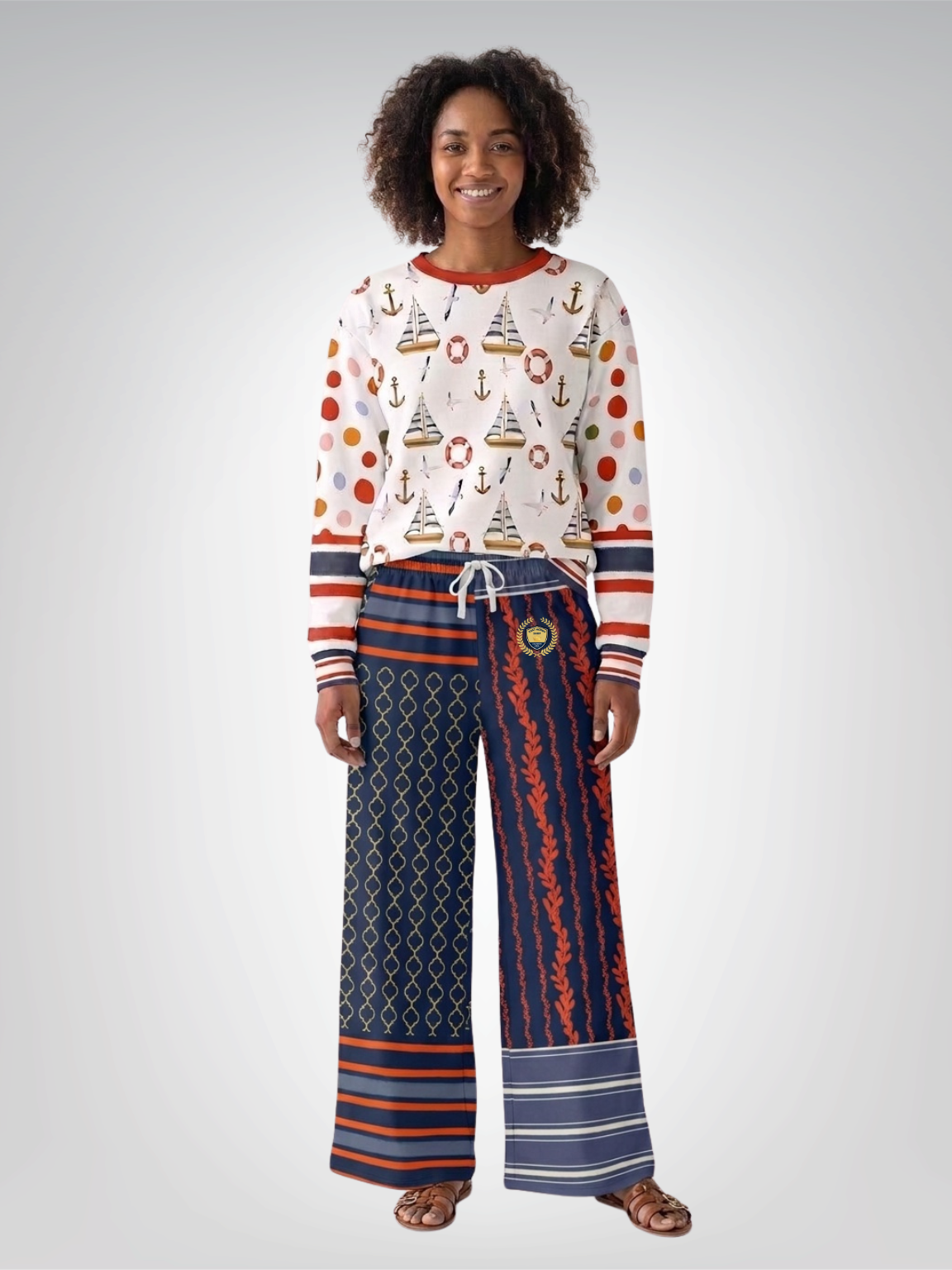 Sail Away Laurel Trellis Duo in Blue Eco-Poly Wide Leg Pants