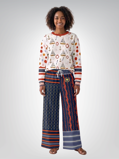 Sail Away Laurel Trellis Duo in Blue Eco-Poly Wide Leg Pants