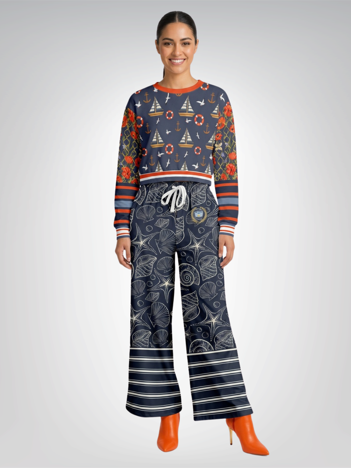 Sail Away Seashell Sketch in Midnight Eco-Poly Wide Leg Pants