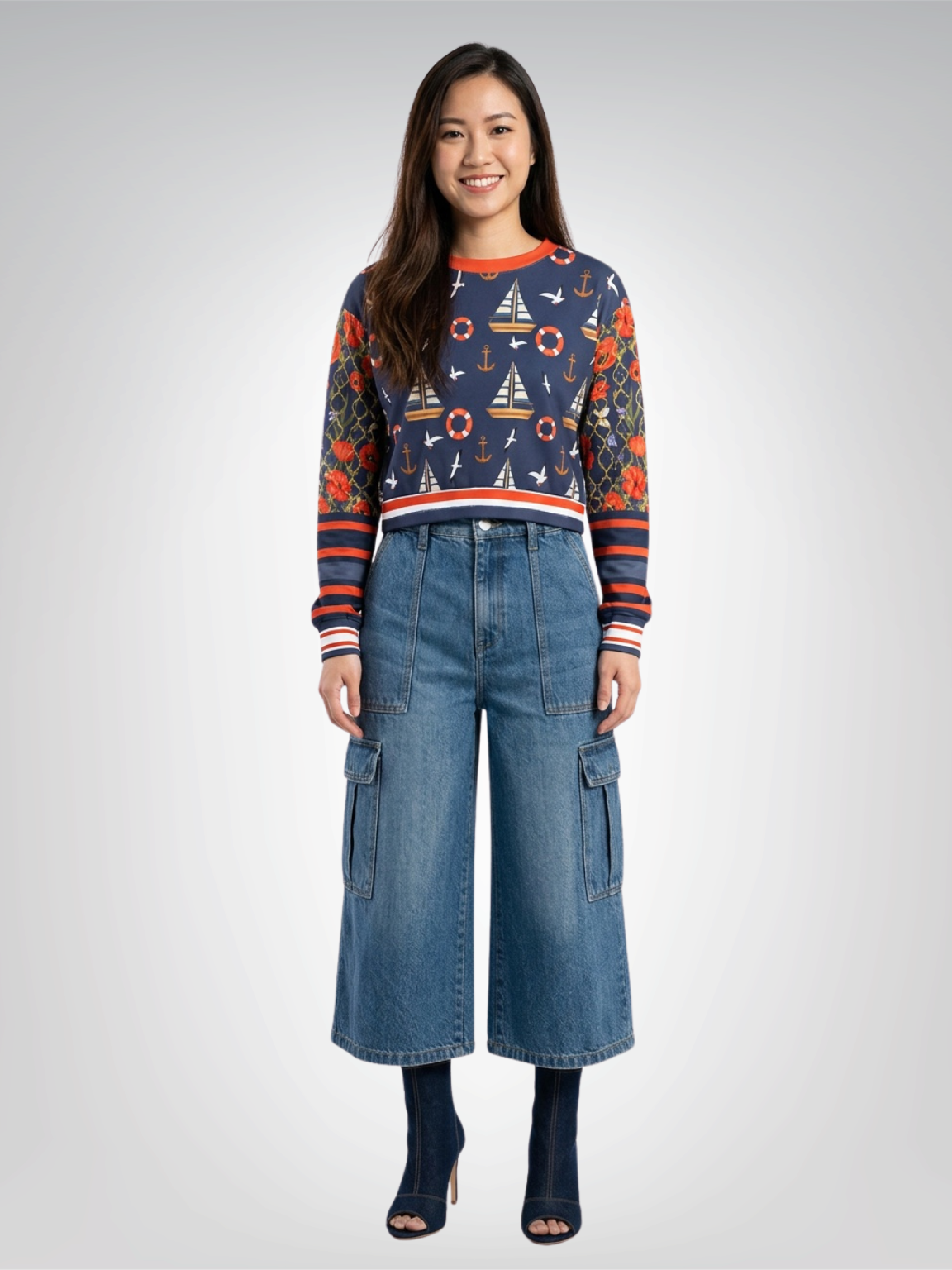 Sail Away in Denim Floral Trellis Cropped Sweatshirt (Gold Label)