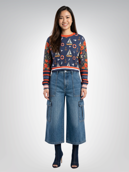 Sail Away in Denim Floral Trellis Cropped Sweatshirt (Gold Label)