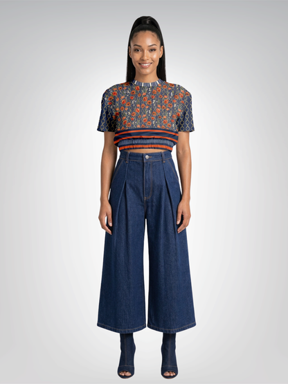 Sail Away in Denim Floral &amp; Trefoil Eco-Poly Short Sleeve Cropped Pullover