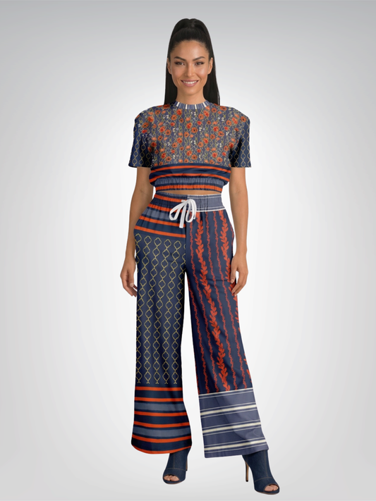 Sail Away in Denim Floral & Trefoil Eco-Poly Short Sleeve Cropped Pullover