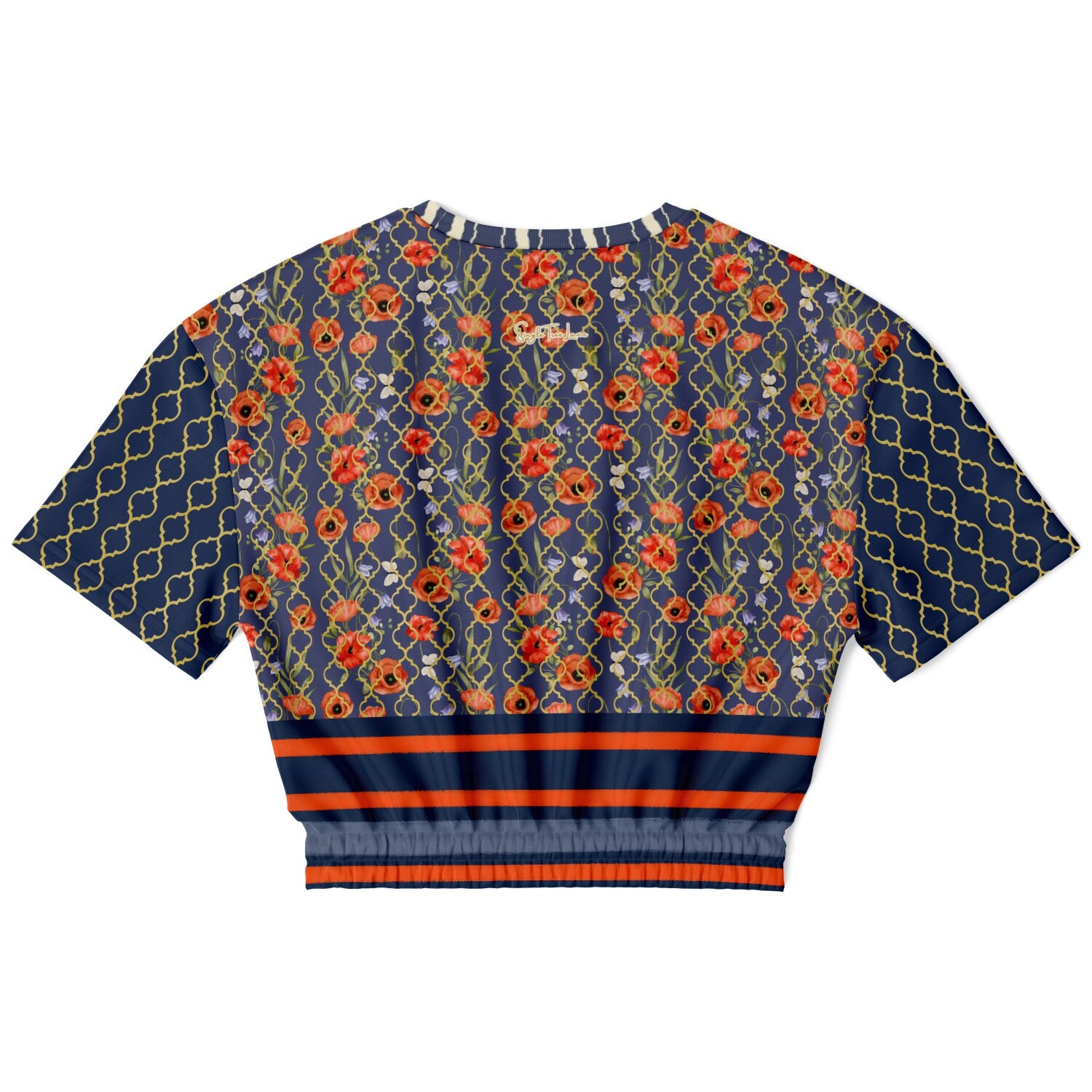 Sail Away in Denim Floral &amp; Trefoil Eco-Poly Short Sleeve Cropped Pullover
