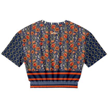 Sail Away in Denim Floral &amp; Trefoil Eco-Poly Short Sleeve Cropped Pullover