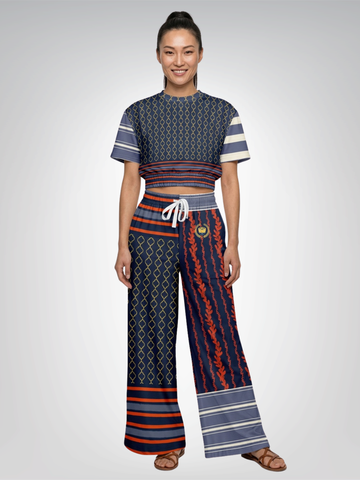 Sail Away in Golden Trefoil Eco-Poly Short Sleeve Cropped Pullover