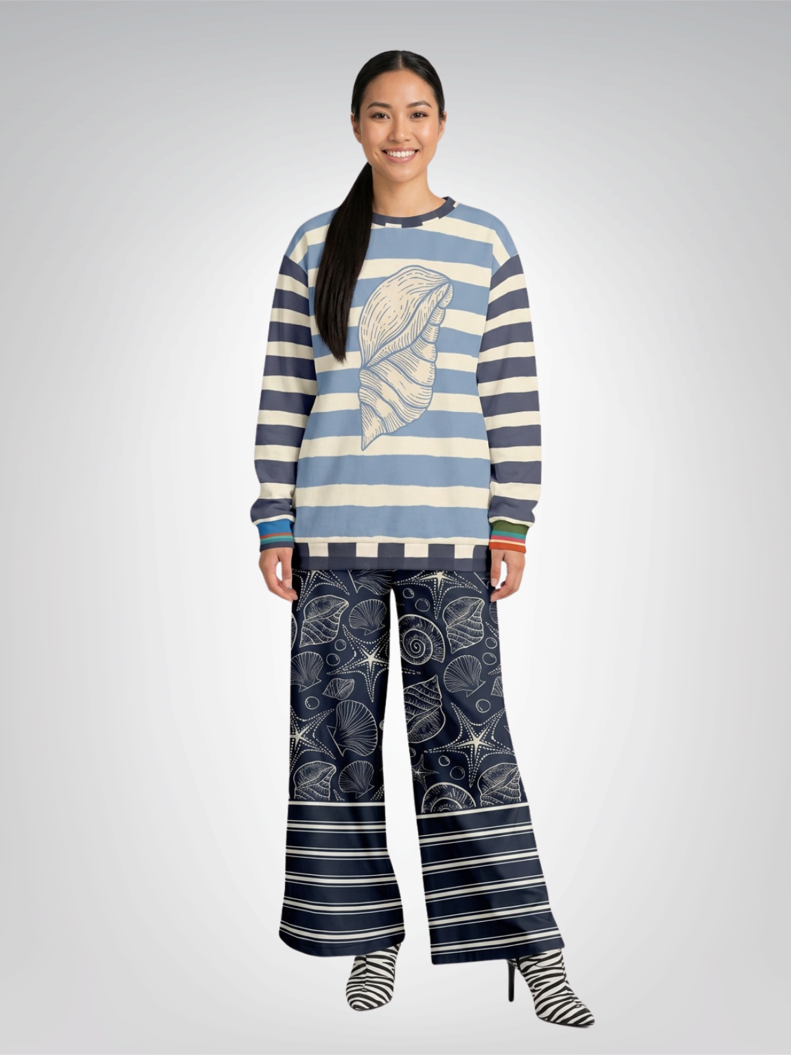 Sail Away Seashell Sketch in Midnight Eco-Poly Wide Leg Pants