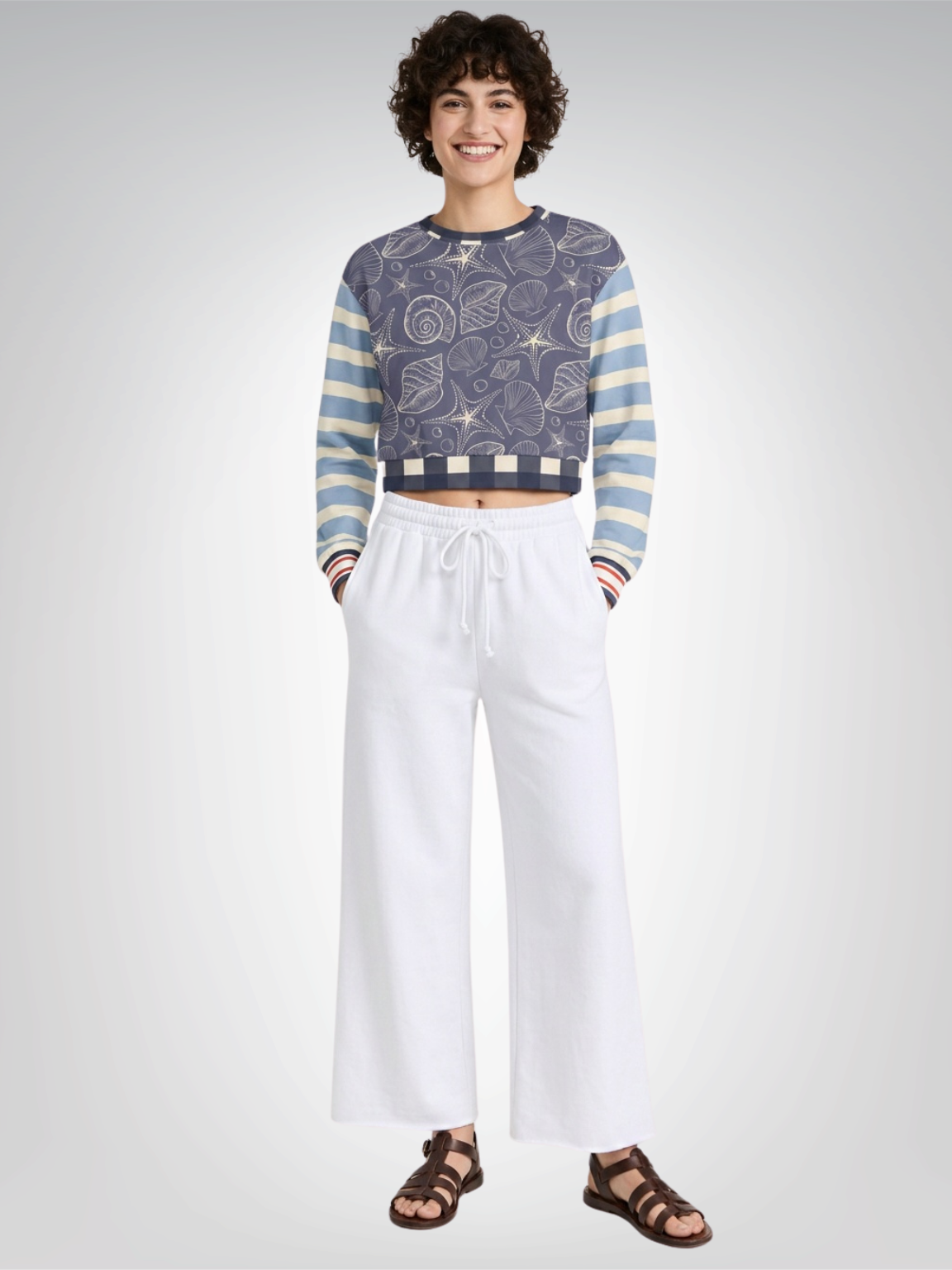 Sail Away Seashell Sketch in Blue Cropped Sweatshirt (Gold Label)