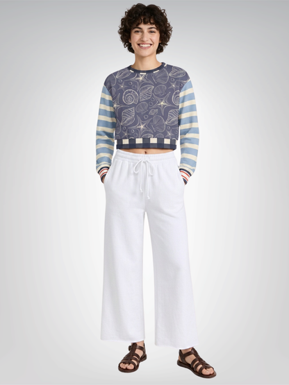 Sail Away Seashell Sketch in Blue Cropped Sweatshirt (Gold Label)