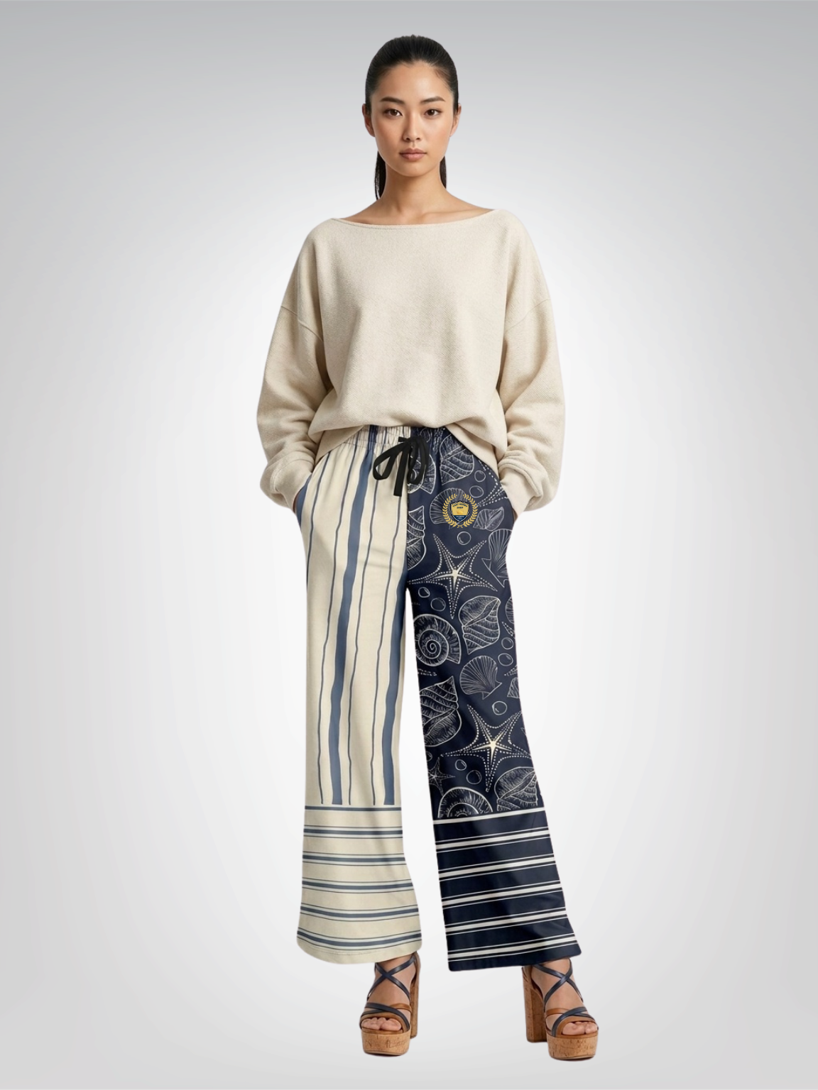 Sail Away Seashell Sketch Stripe Duo in Blue Eco-Poly Wide Leg Pants