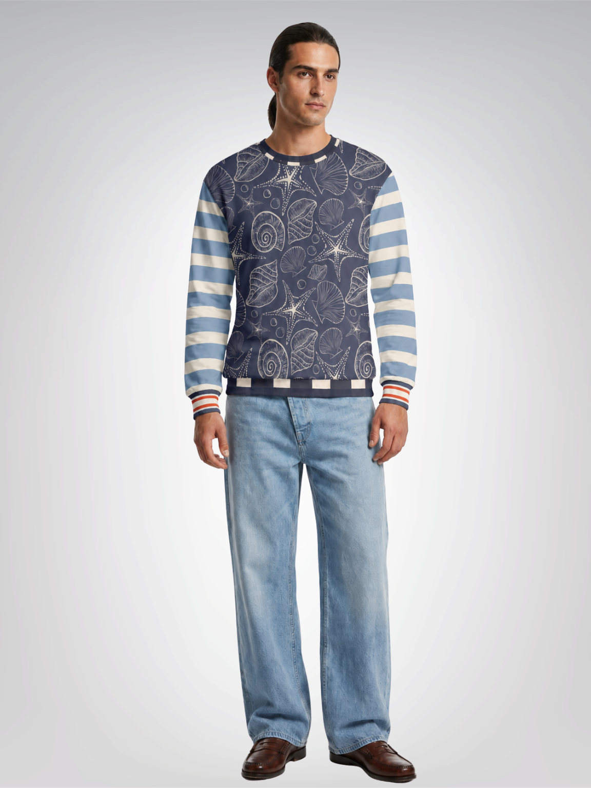 Sail Away Seashell Sketch Stripe Duo in Blue Unisex Sweatshirt (Gold Label)