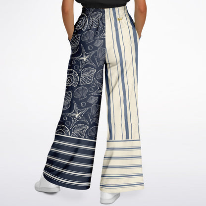 Sail Away Seashell Sketch Stripe Duo in Blue Eco-Poly Wide Leg Pants