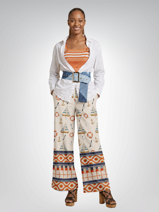 Sail Away Seaside Sandbar Coastal Regatta Eco-Poly Wide Leg Pants