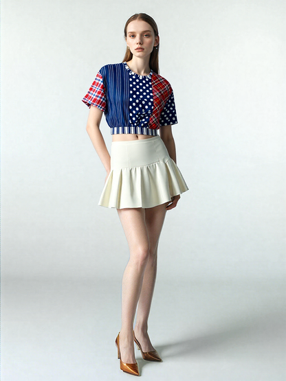 Serendipity Plaid Patchwork Eco-Poly Short Sleeve Cropped Pullover