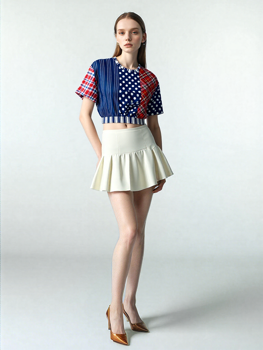 Serendipity Plaid Patchwork Eco-Poly Short Sleeve Cropped Pullover