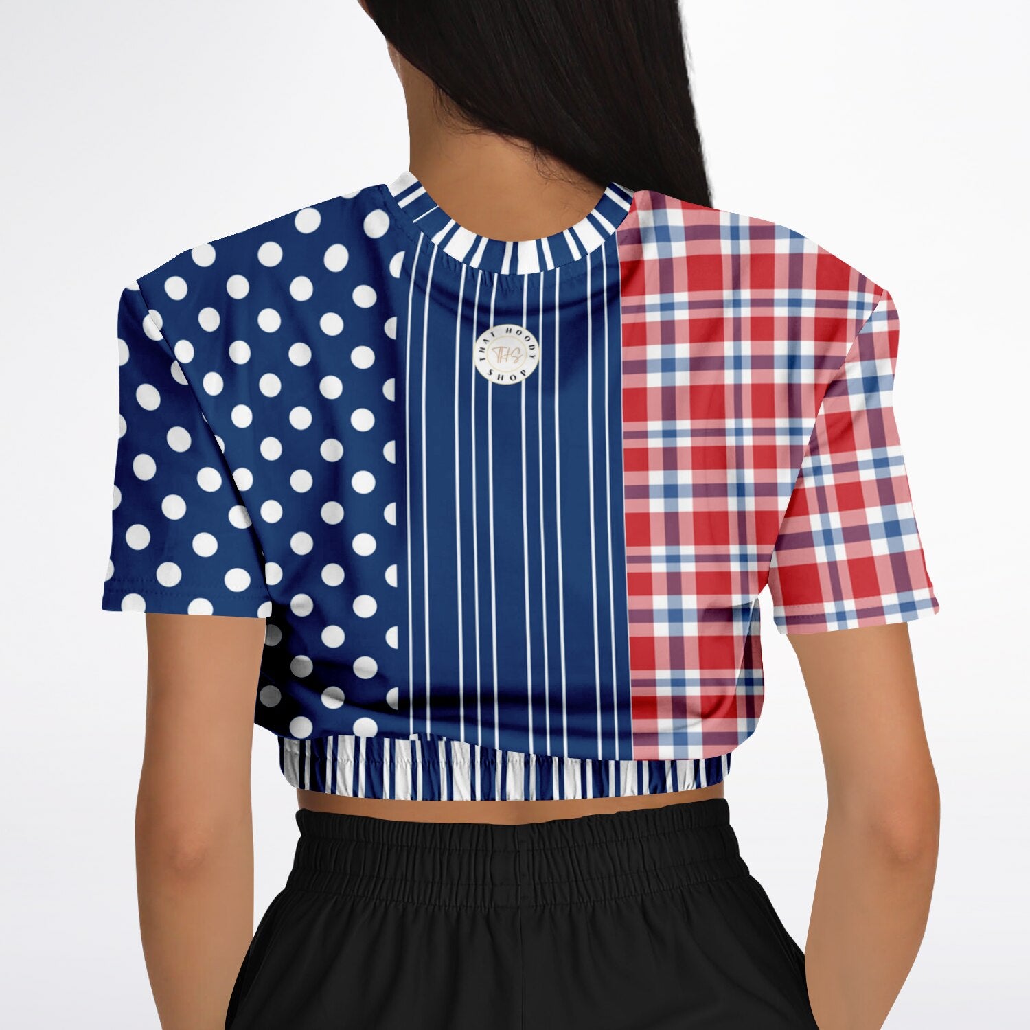 Serendipity Plaid Patchwork Eco-Poly Short Sleeve Cropped Pullover