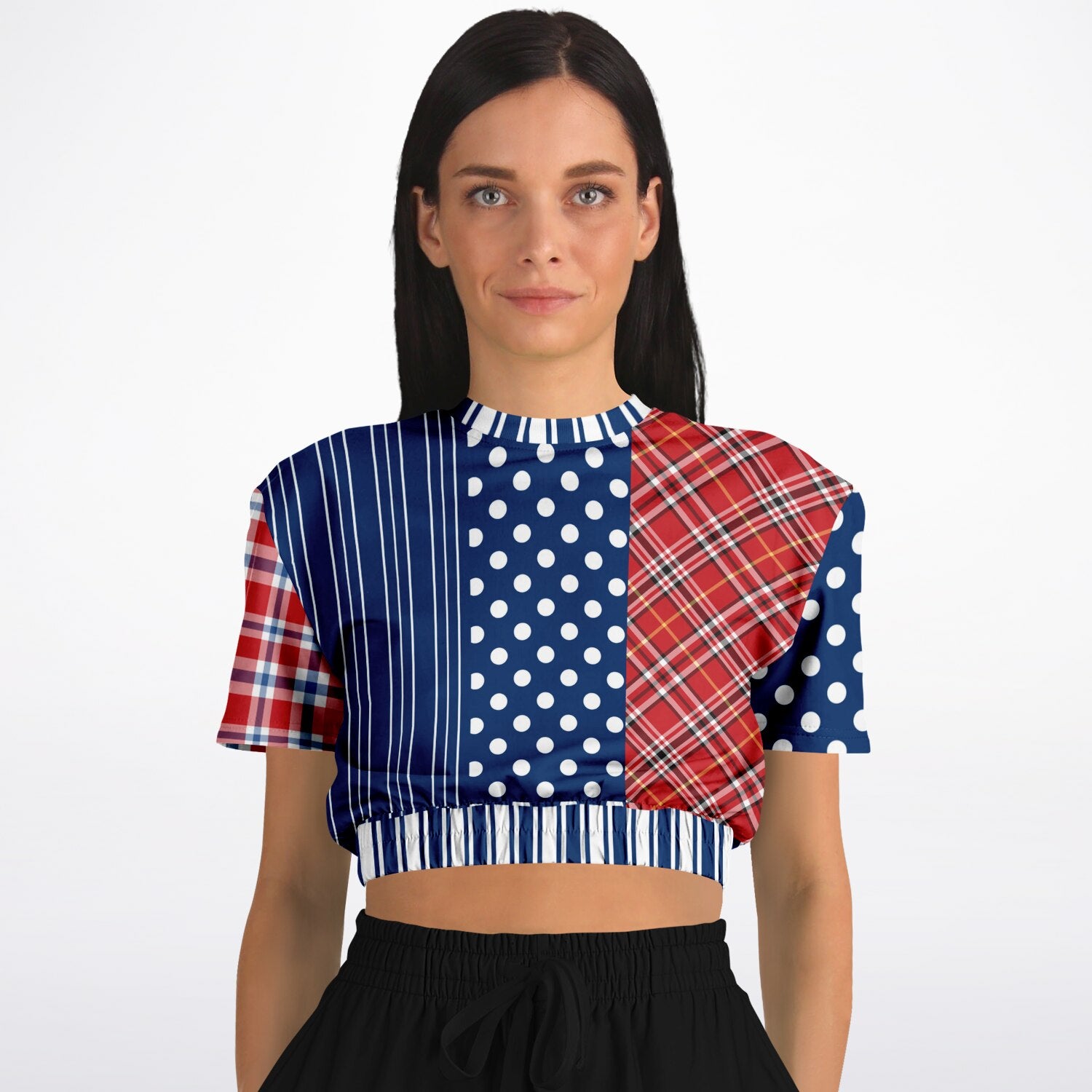 Serendipity Plaid Patchwork Eco-Poly Short Sleeve Cropped Pullover