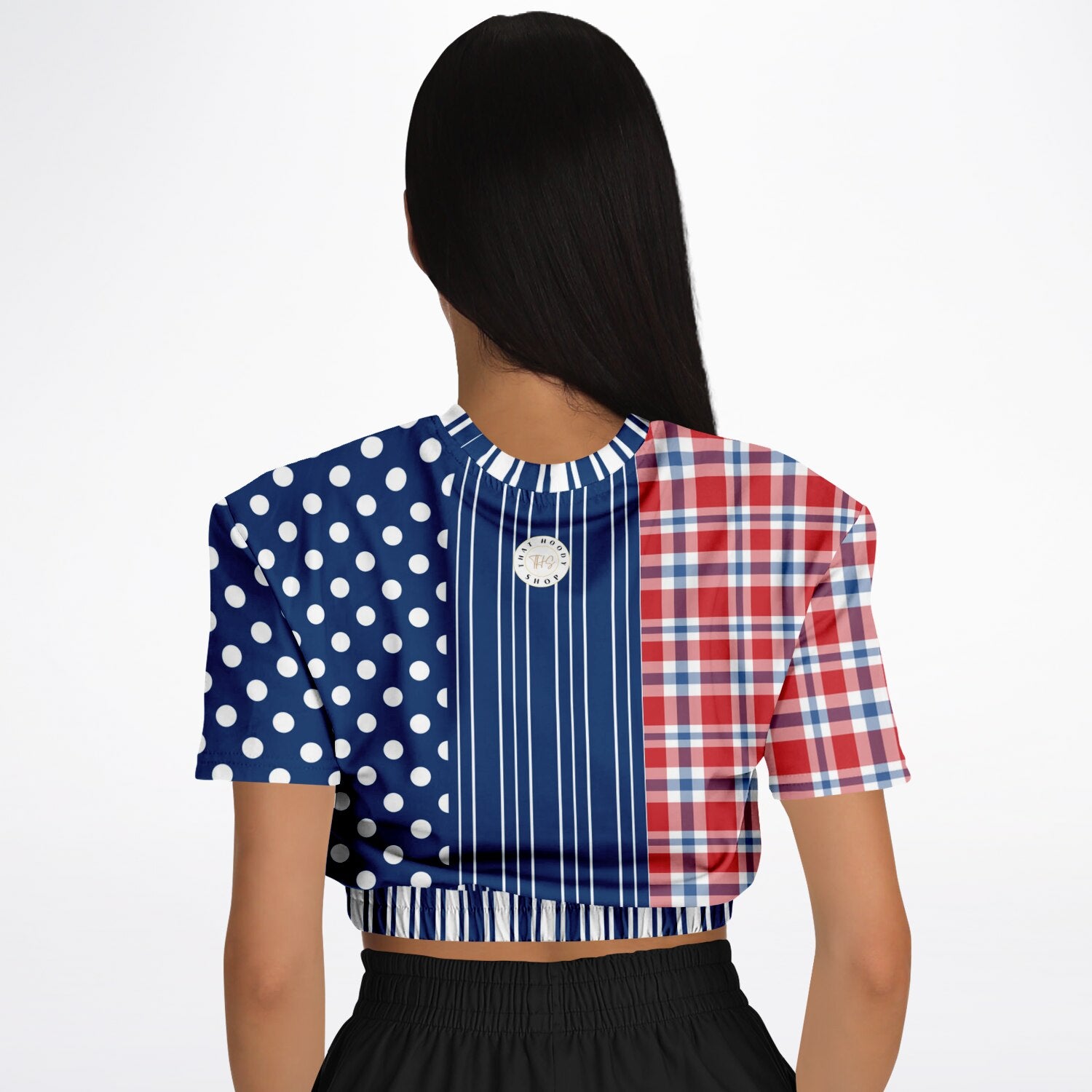 Serendipity Plaid Patchwork Eco-Poly Short Sleeve Cropped Pullover