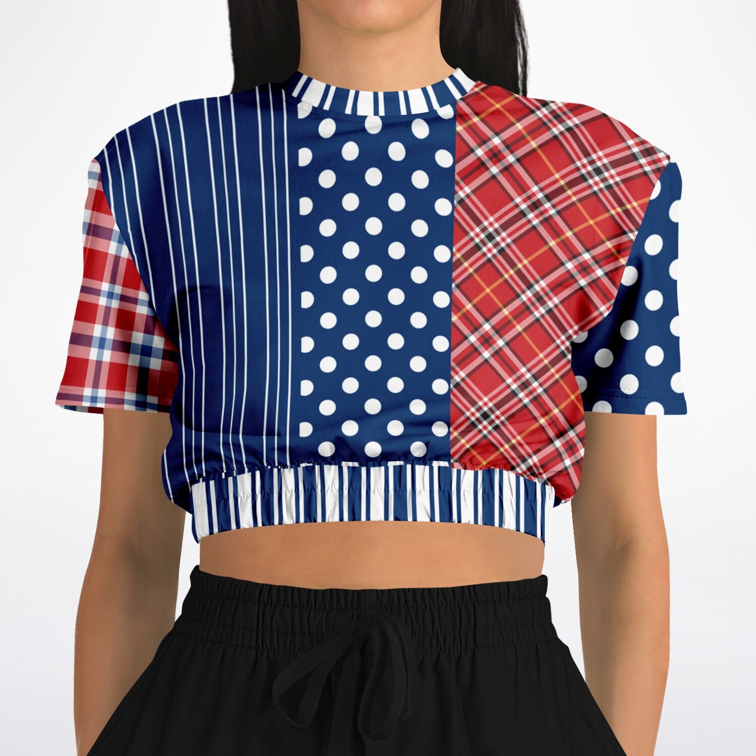 Serendipity Plaid Patchwork Eco-Poly Short Sleeve Cropped Pullover