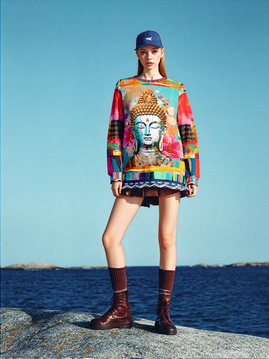 Serene Buddha in Pastel Patchwork Print Unisex Sweatshirt (Gold Label)