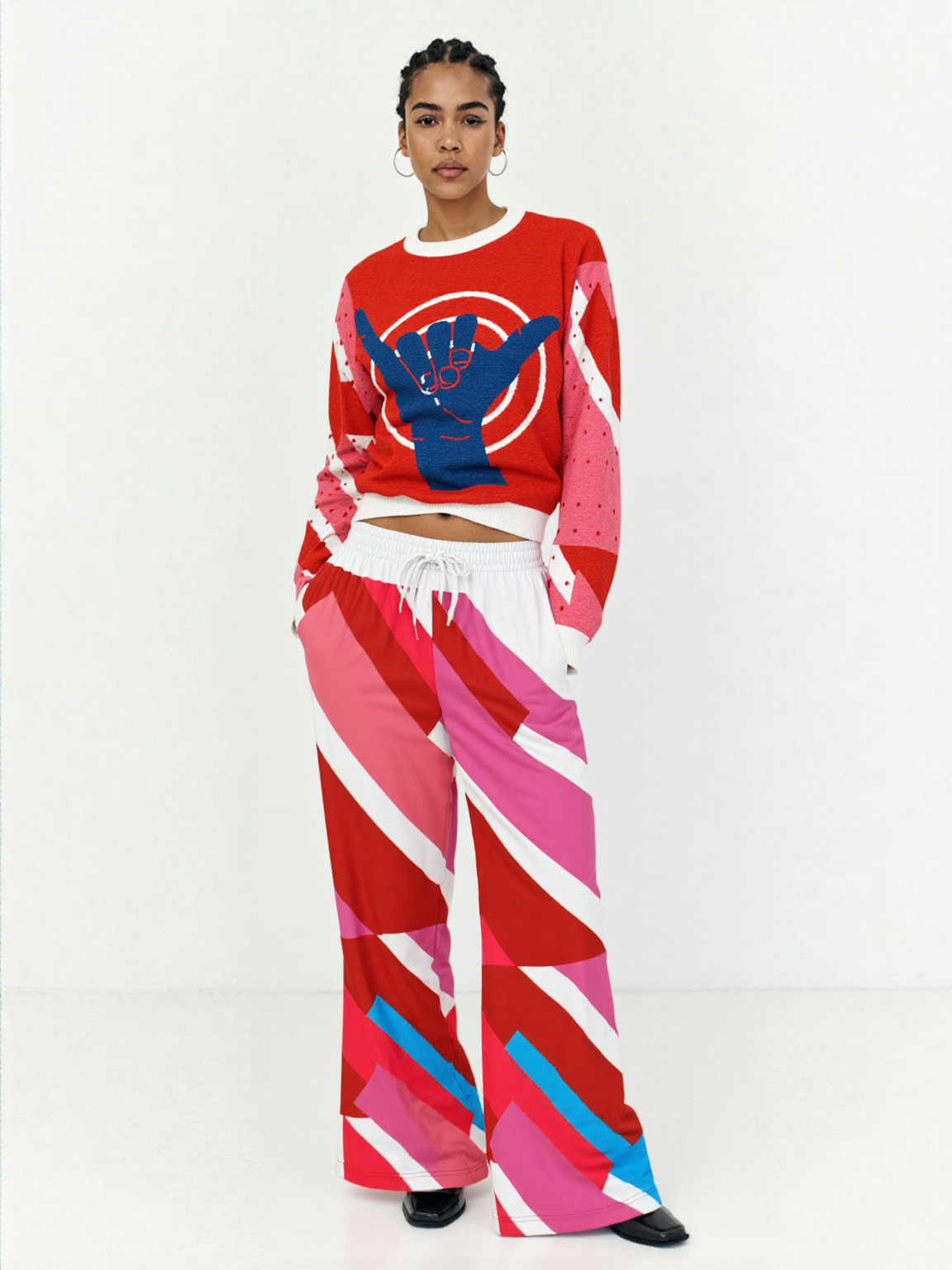 Shaka Laka Crimson Abstract Geo Stripe Eco-Poly Wide Leg Pants